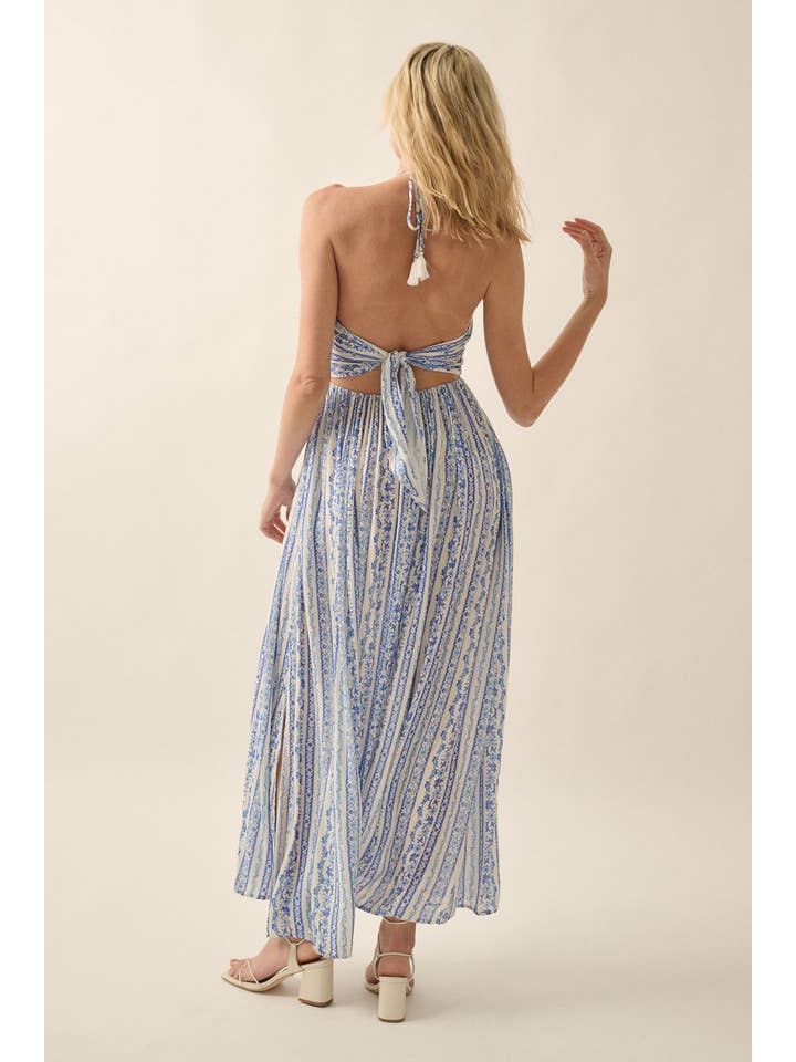 Promesa USA – Engroshandel Kjole - Dame – Blomsterstribet maxi halterkjole med bindebånd11