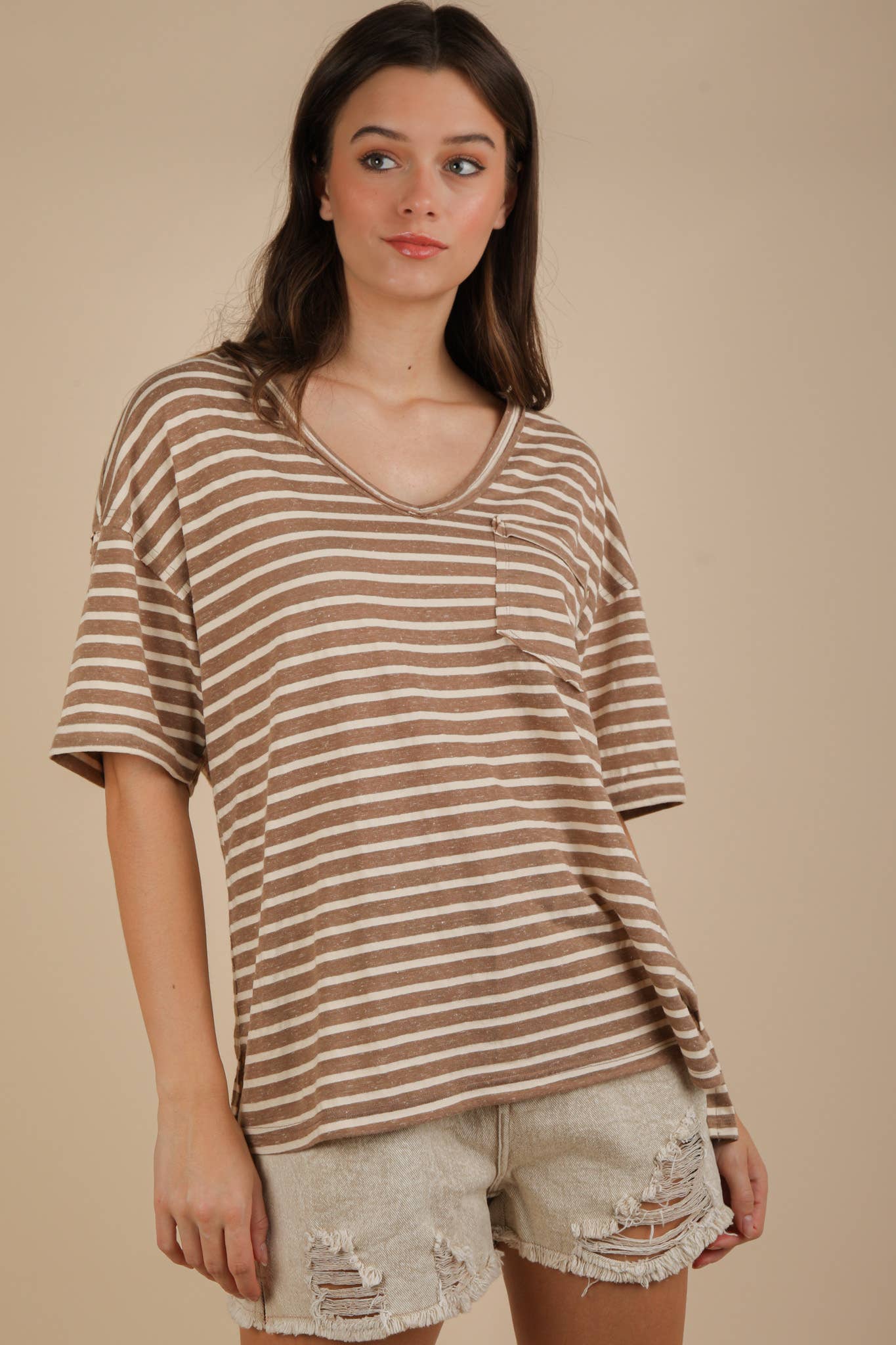 VERY J - Wholesale Knit Top - Women's - NT12167-Oversized Stripe Casual V-Neck Knit Top12