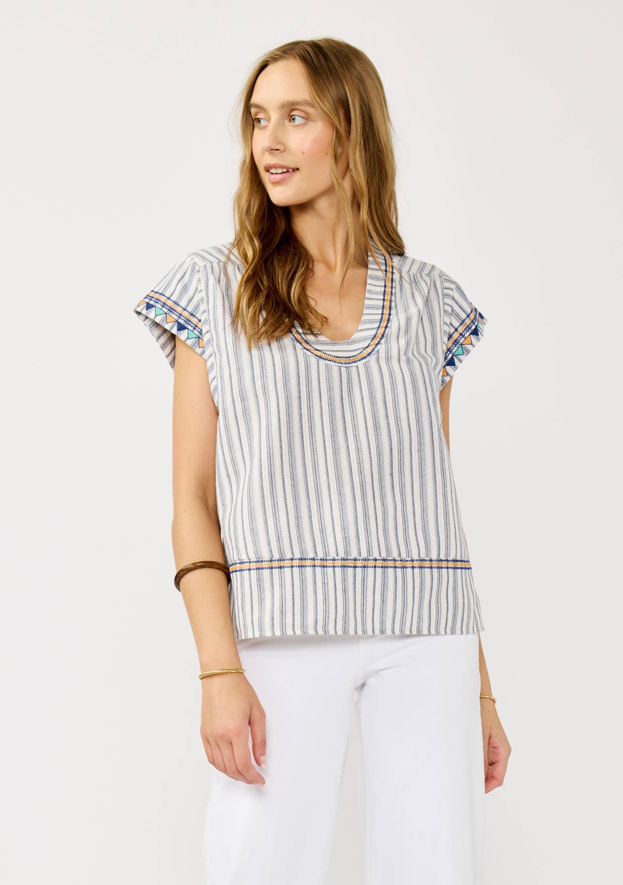 Off White Navy Embroidered Cap Sleeve Stripe Blouse for wholesale on Faire0