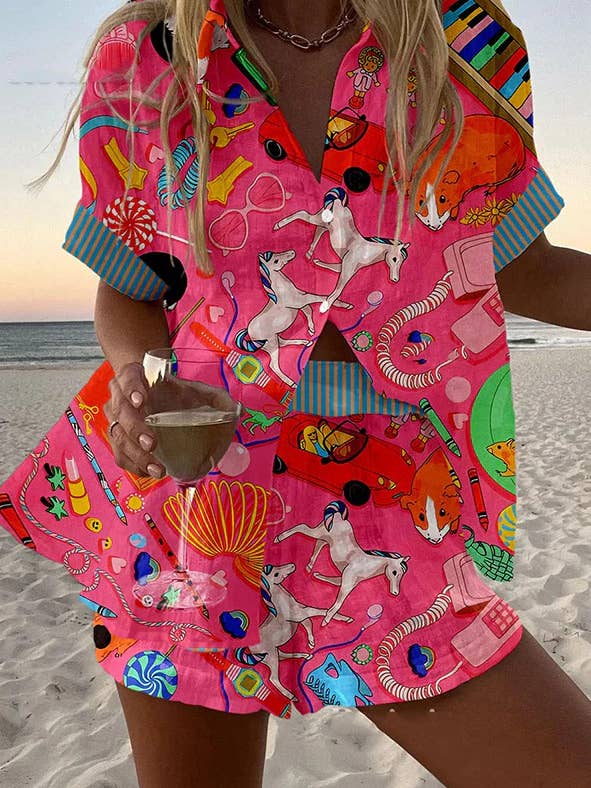 Rosa Clothing - Wholesale Top & Short Set (NOT Loungewear) - Women's - Barcelona unique vacation print shirt & shorts resort set