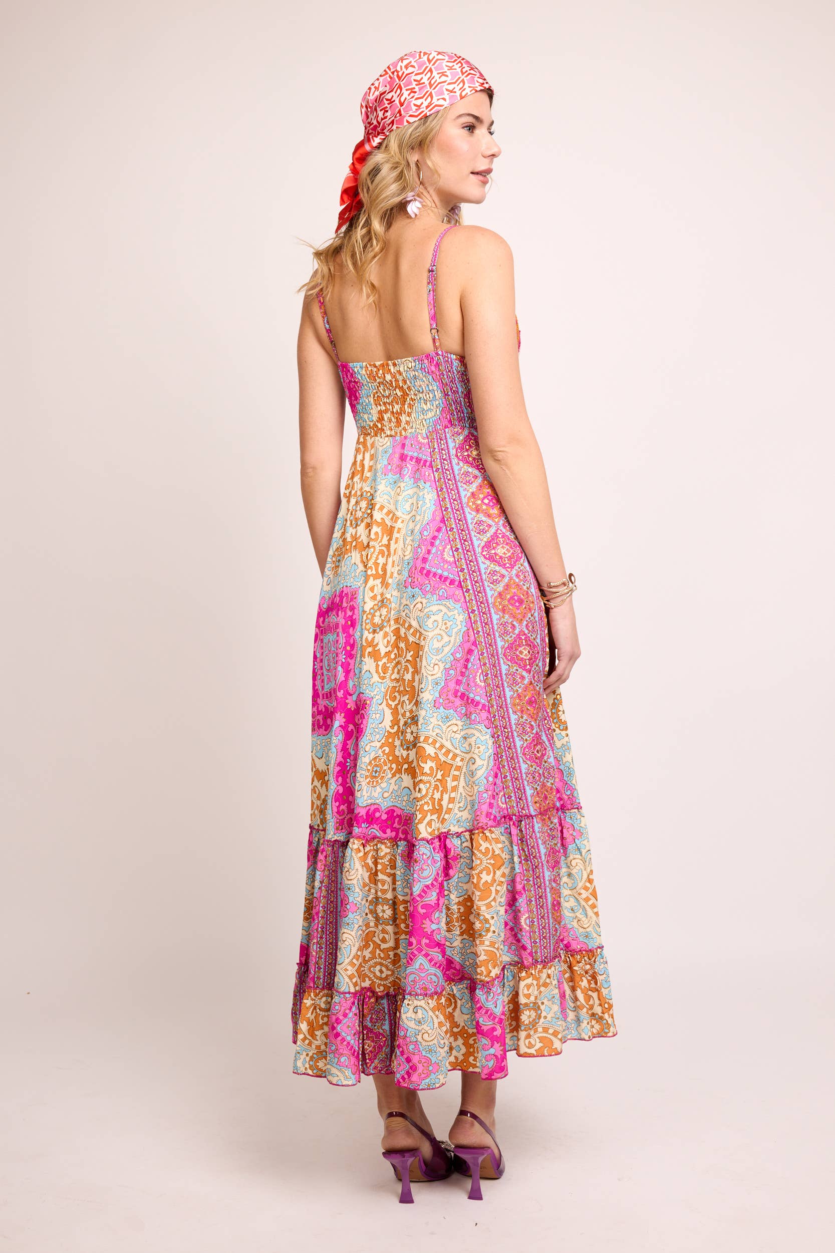  PINK TURQUOISE KLEIN BLUE  PRINTED DRESS 100% COLD SILK, GOLD DETAILS, CROCHET for wholesale on Faire2