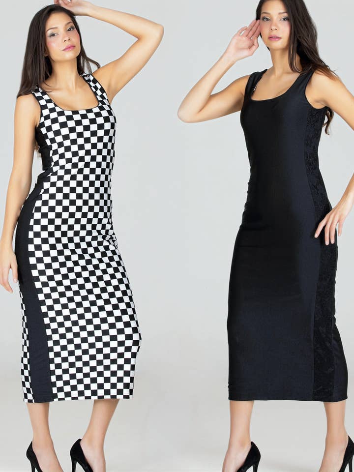 Fever1 Fashion - Venta al por mayor Vestido - Mujer - Vestido largo a lápiz negro y a cuadros reversible de calidad