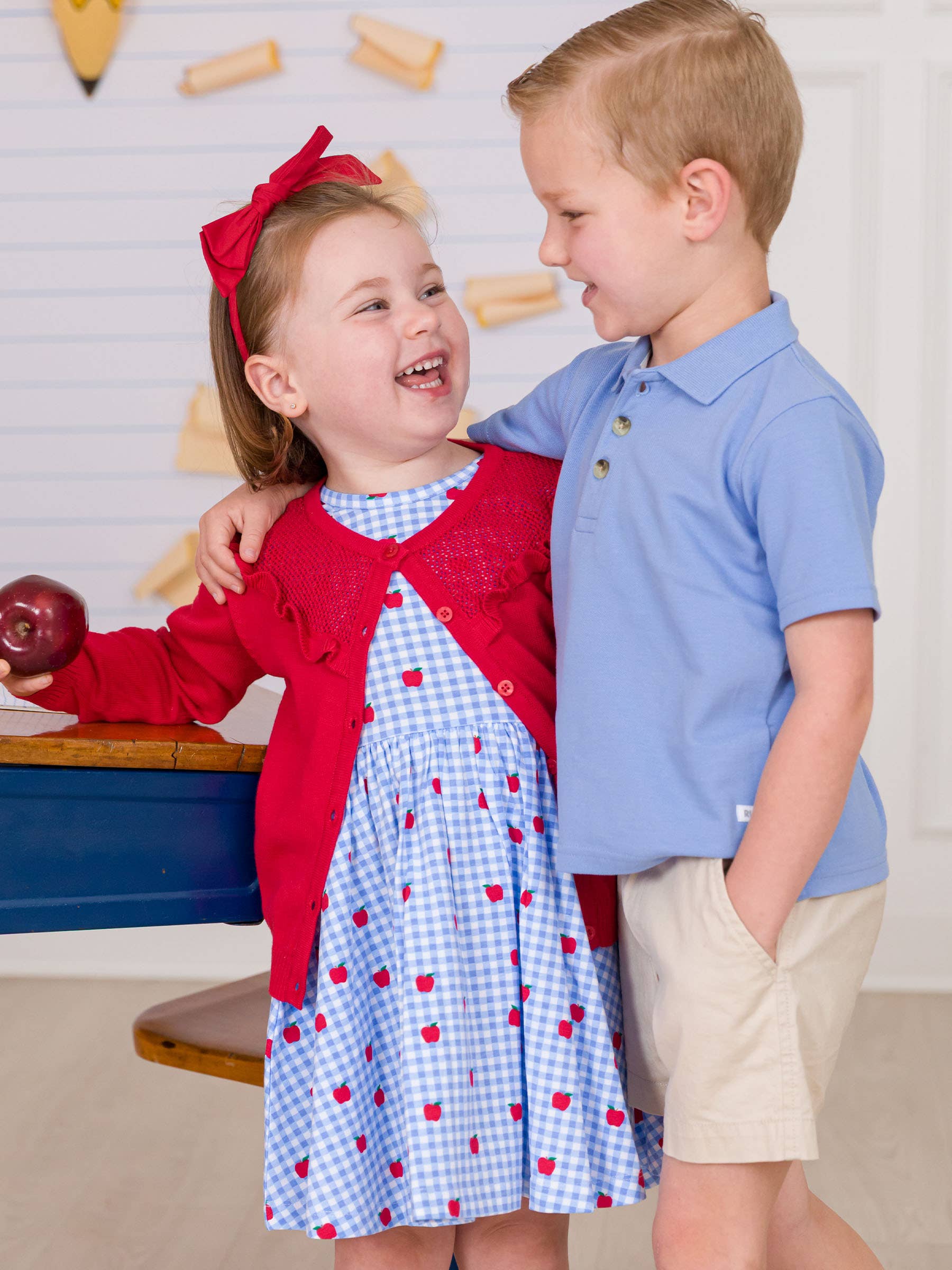 Blue Girls Apple Orchard Gingham Short Sleeve Knit Twirl Dress for wholesale on Faire5