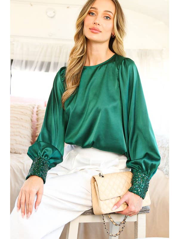 Vine & Love - Wholesale Blouse – Women’s - Sequin Cuff Accent Crew Neck Satin Blouse Top VT8125922