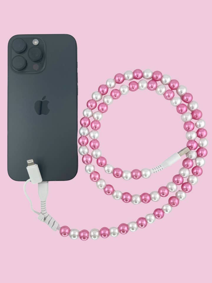 2 in 1 Beaded USB Charger- Pink/White Pearl for wholesale by Jess Lea