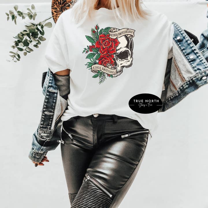 STRONG N FREE CDN - Wholesale Graphic Sweatshirt - Women's - Floral Skull Sweatshirt, Kinda Emotional Sweater