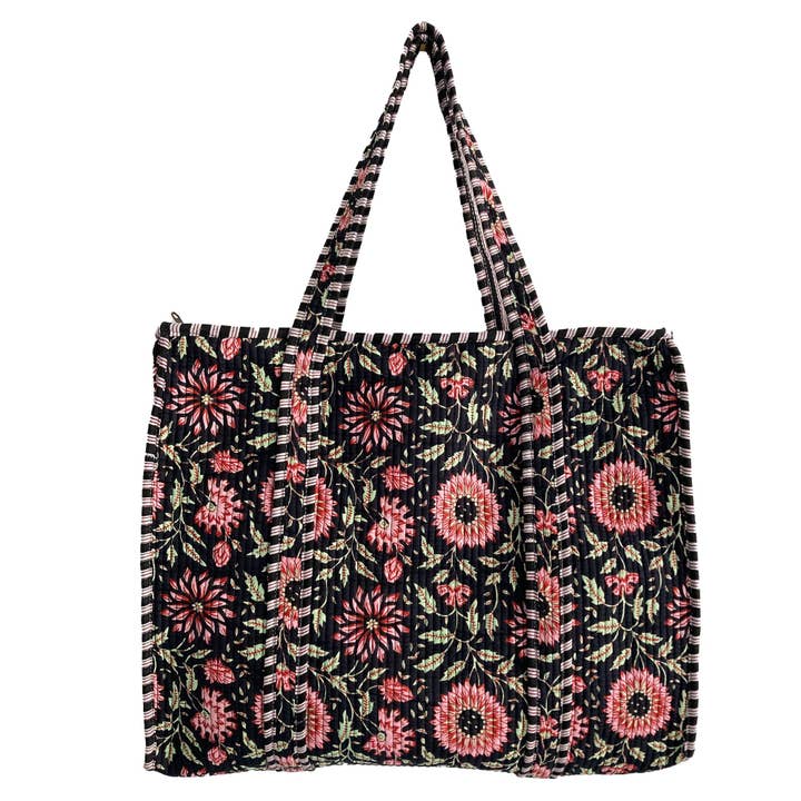 Black and Pink Flower Quilted Cotton Shoulder Bag for wholesale by Hayley & Co