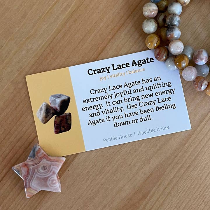 Pebble House – Engroshandel Spirituelle sten og krystaller – Crazy Lace Agate - Crystal Info Card (50 pack)