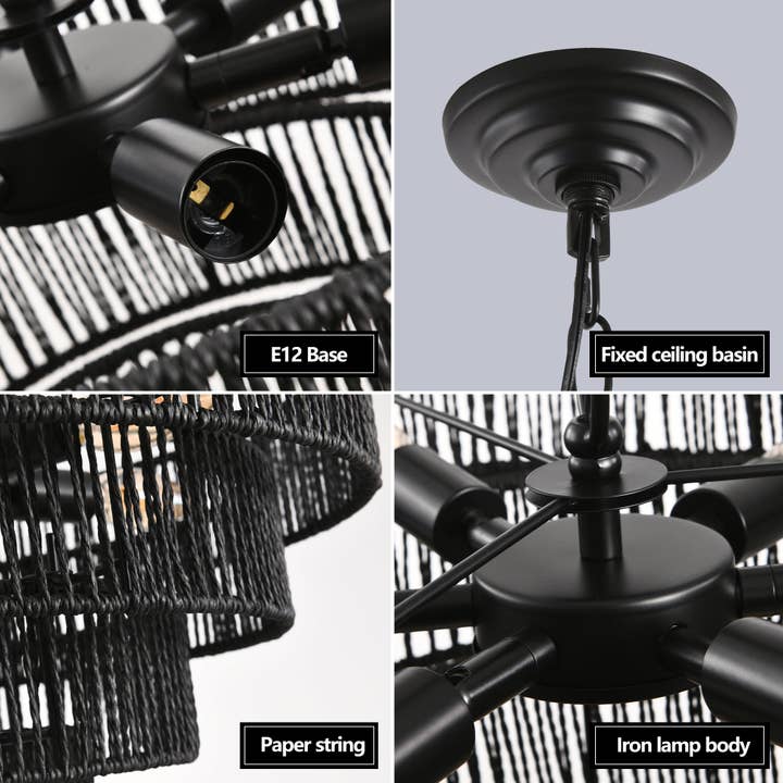 39F Inc. - Wholesale Chandelier/Hanging Light - 20" Rustic 4-Tier Black Hemp Rope Boho Pendant Chandelier5