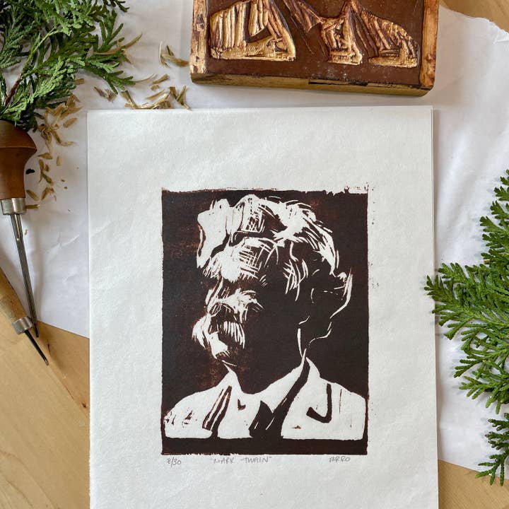 Mark Twain Woodblock Print - Literary Wall Art for wholesale by Michelle Farro Studio