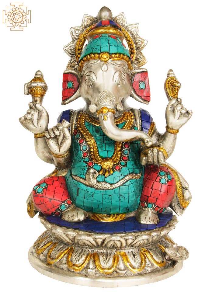 9" Brass Lord Ganesha Idol Granting Abhaya Mudra | Handmade for wholesale by Exotic India Art