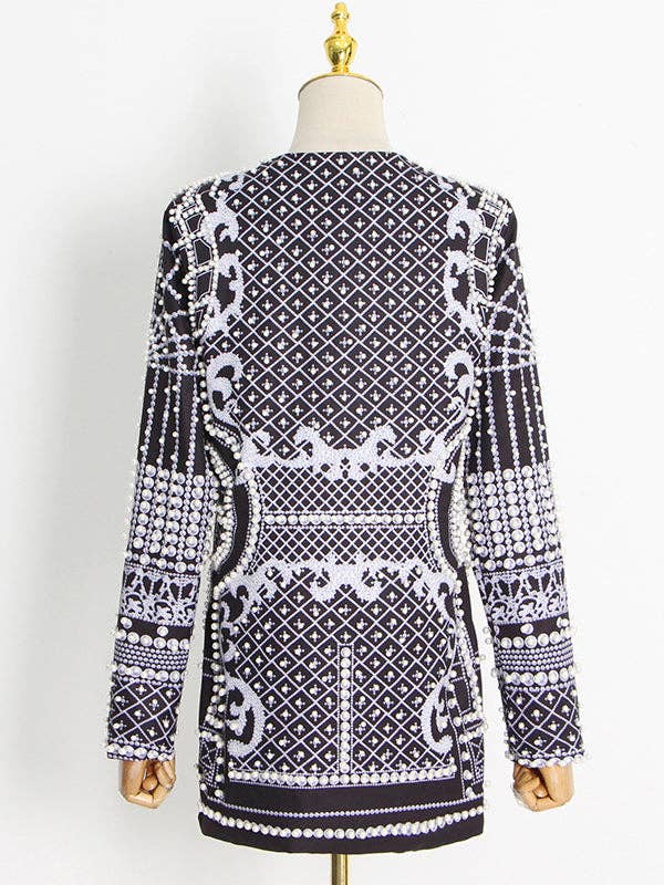 Plush Looks - Wholesale Blazer - Women's - Original Creation Loose Long Sleeves Beads Printed V-Neck Blazer Outerwear6