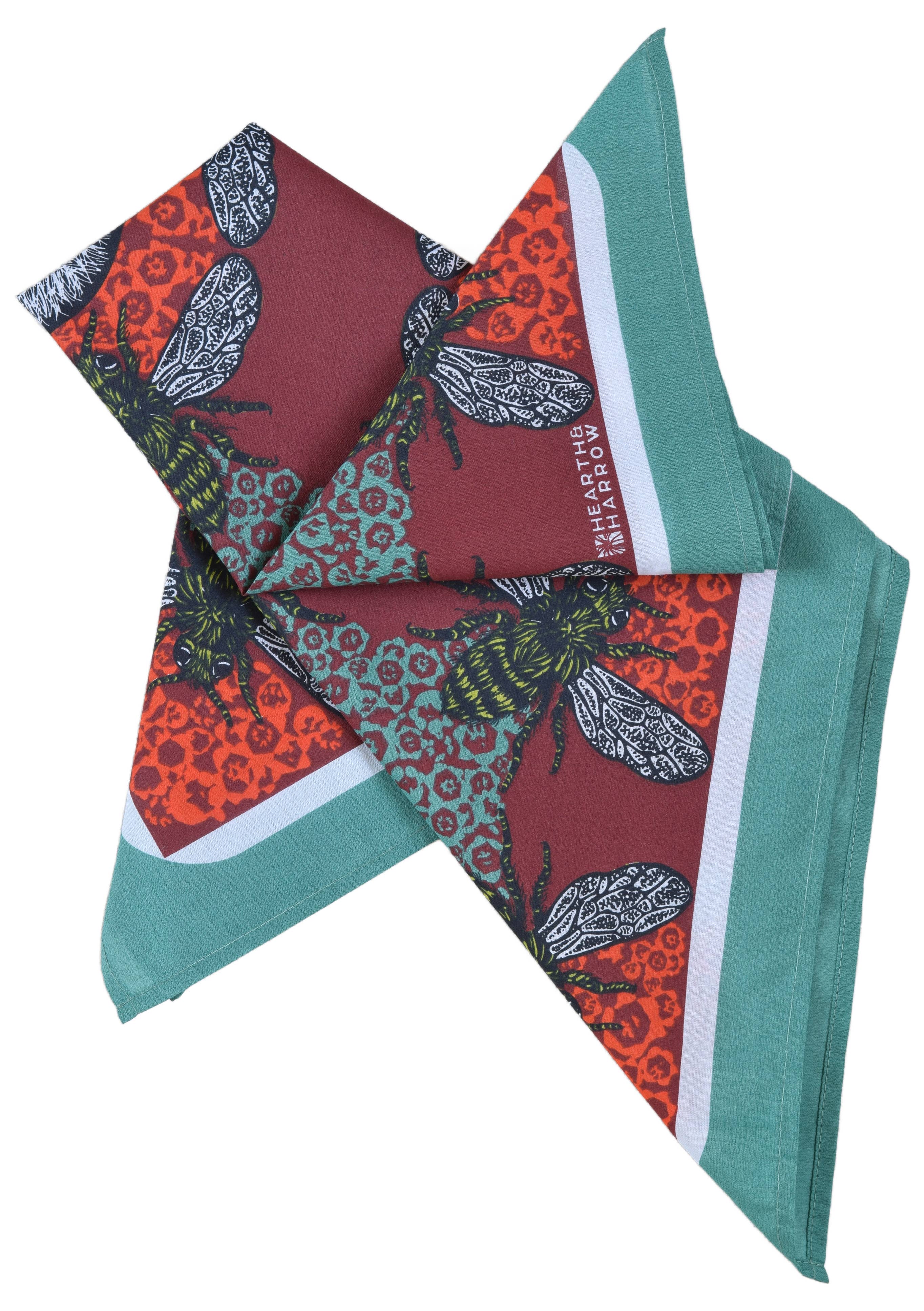 Hearth and Harrow – wholesale Bandana – Unisex – Honeybee Bandana - 100% Cotton - Red and Teal - Hand Printed3