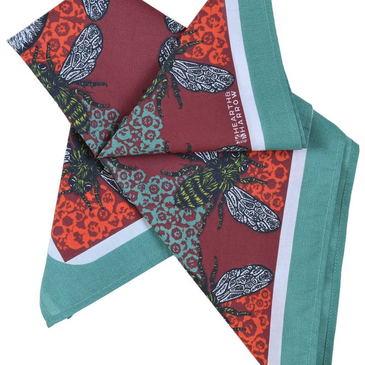 Hearth and Harrow - Wholesale Bandana - Unisex - Honeybee Bandana - 100% Cotton - Red and Teal - Hand Printed3