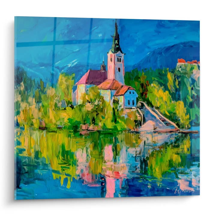 Church on Alpine Island Painting - Colorful Reflections - Lake Edition for wholesale by Walensky