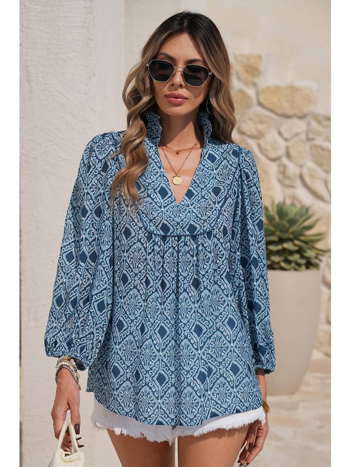 Sky Blue LDC Western Geometric Print Frilled V Neck Loose Fit Blouse for wholesale on Faire