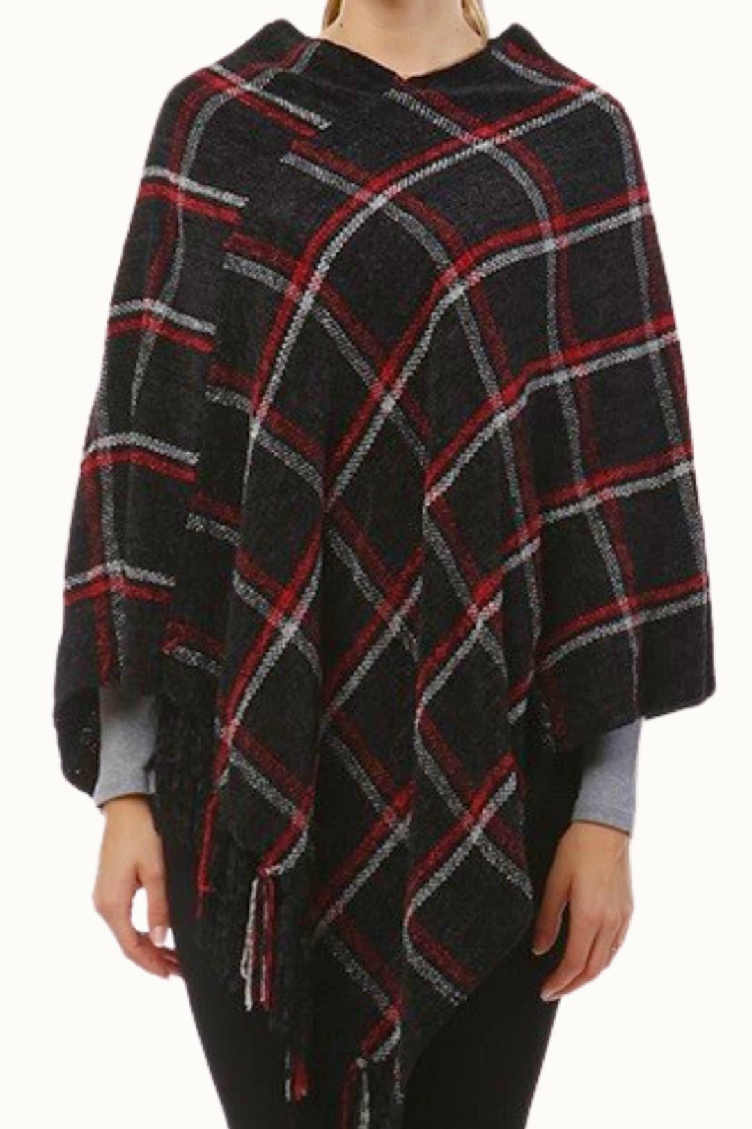 Olive & Pique – Großhandel Poncho – Unisex – Chenille-Plaid-Poncho mit Quasten, Einheitsgröße, 28" x 28"2