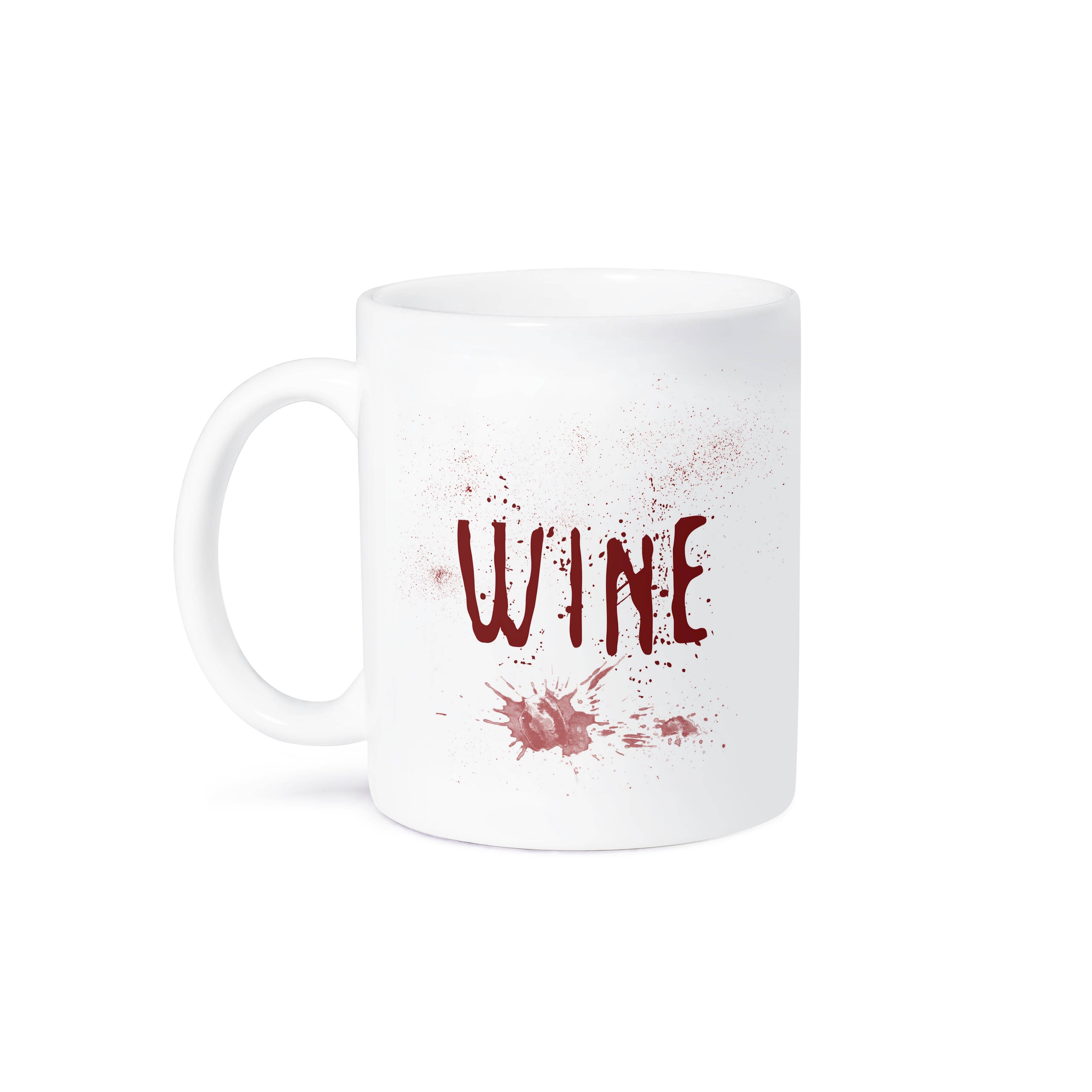 3dRose - Wholesale Coffee Mug - 3dRose, Dark red text WINE and dried splashes of red wine on white background, Mug8
