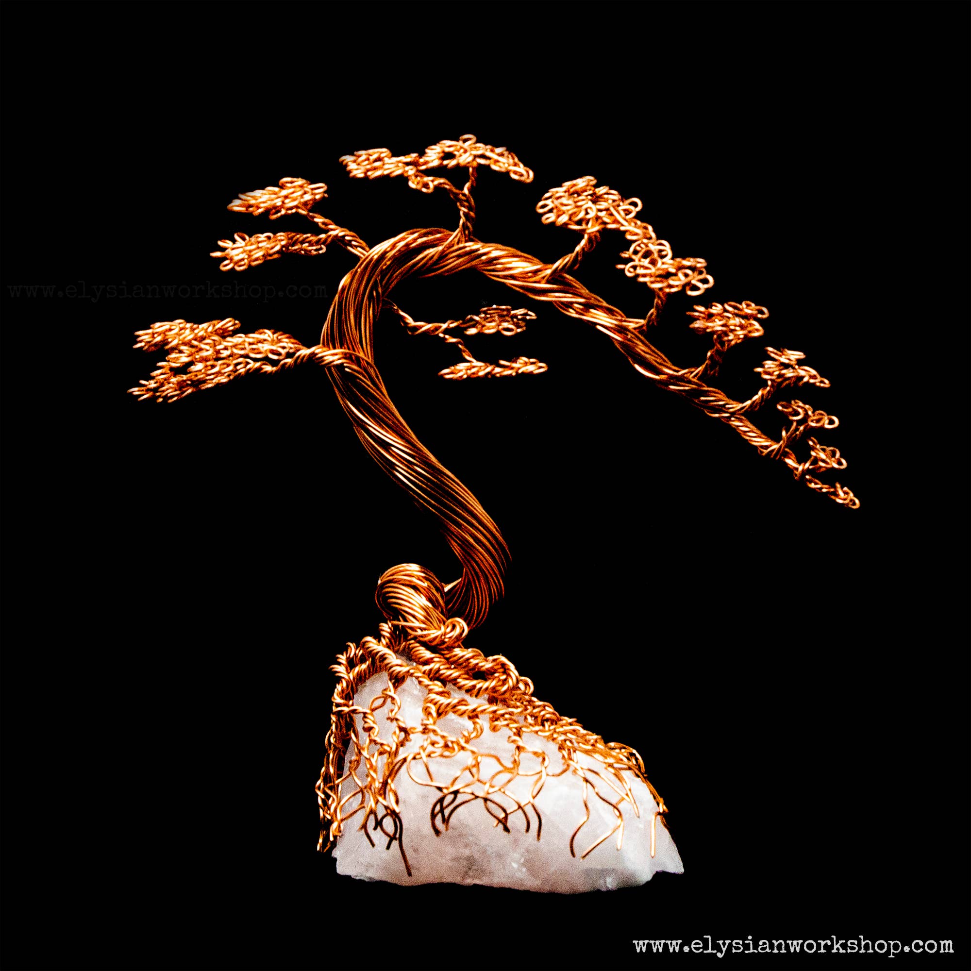 Elysian Workshop - Wholesale Sculpture - Copper Wire Cascade Bonsai Tree Sculpture on Rose Quartz