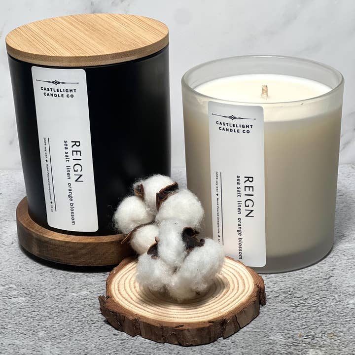 Reign: Orange Blossom + Linen 12 oz Soy Candle for wholesale by Castlelight Candle Co
