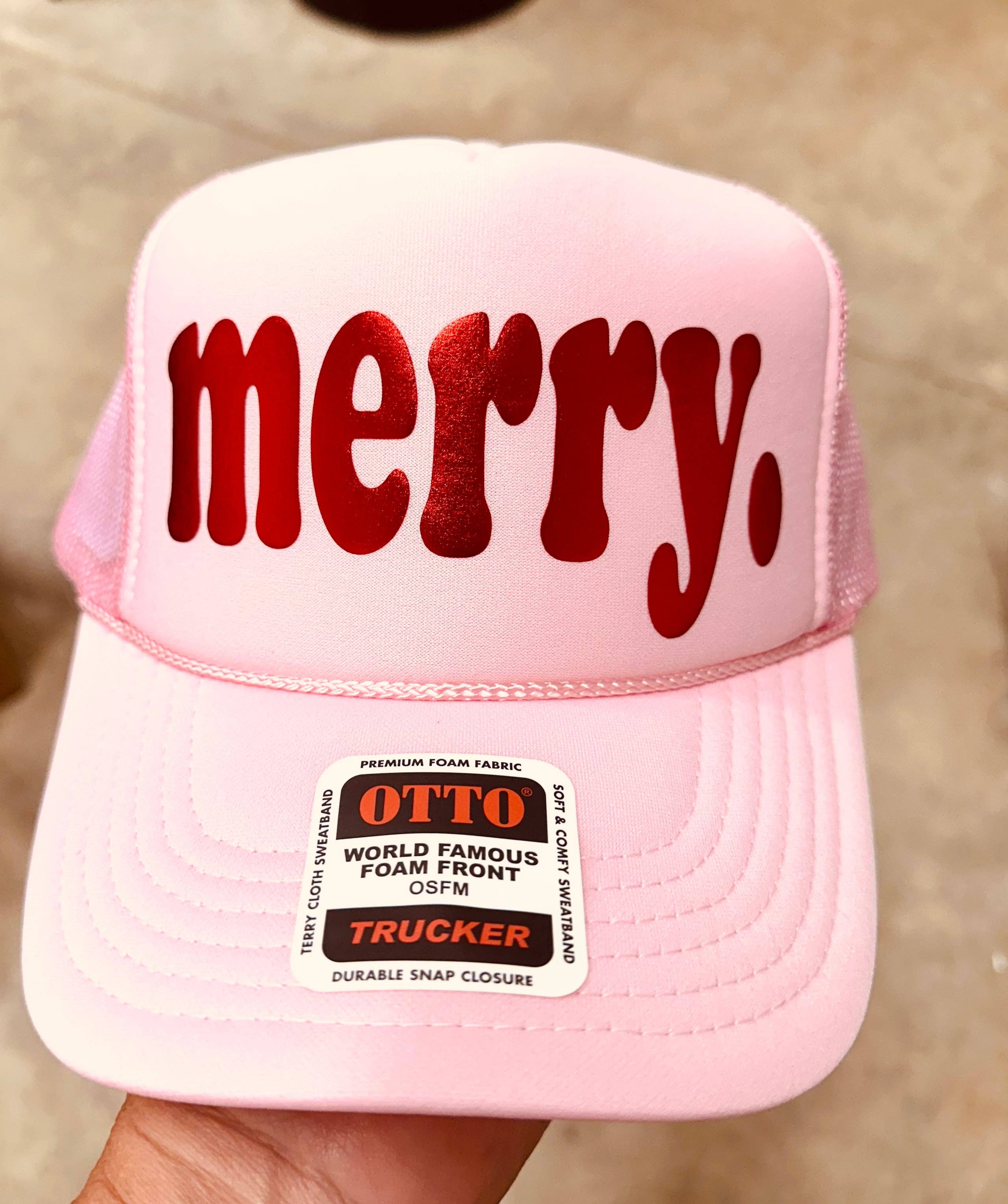 Southern Attitude Designs Inc - Wholesale Trucker Hat - Women's - Merry red metallic puff vinyl on a soft pink hat0