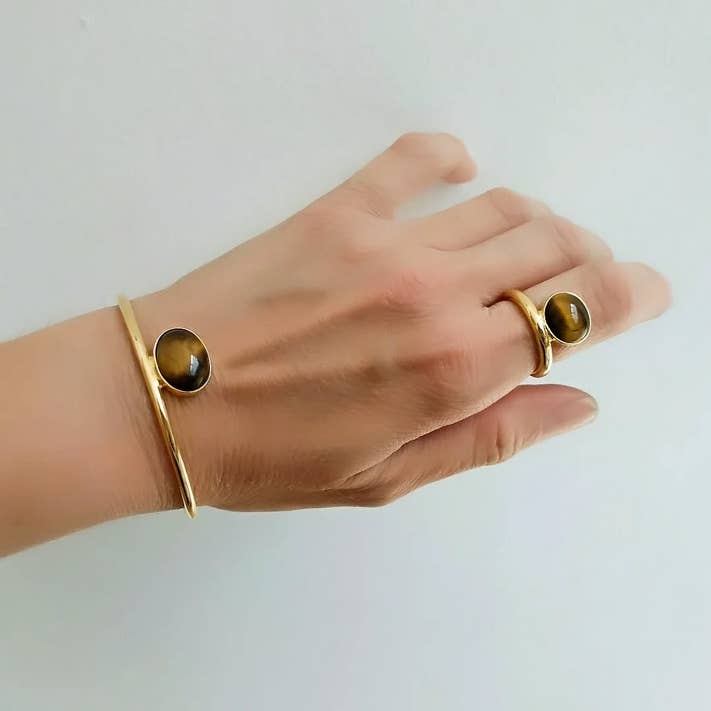 Gold Plated Silver & Brass Cuff with Tiger's Eye Cabochon for wholesale by tothemetal