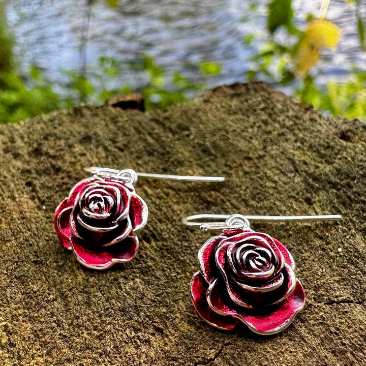 Red Rose Drop Earring, Silver Plated for wholesale by Alexander Thurlow & Co Ltd