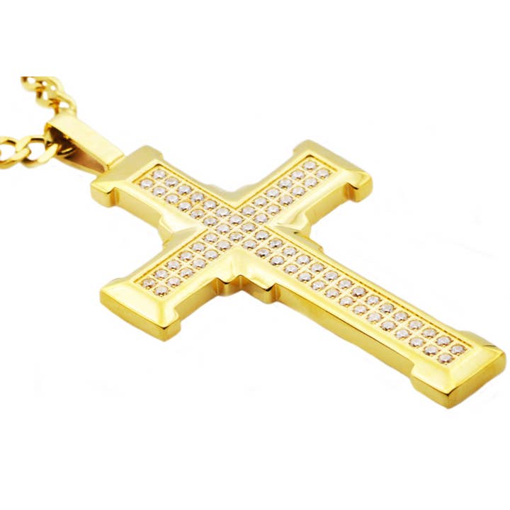 Men's Gold Stainless Steel Cross Pendant With Cubic Zirconia for wholesale by Blackjack Mens Jewelry