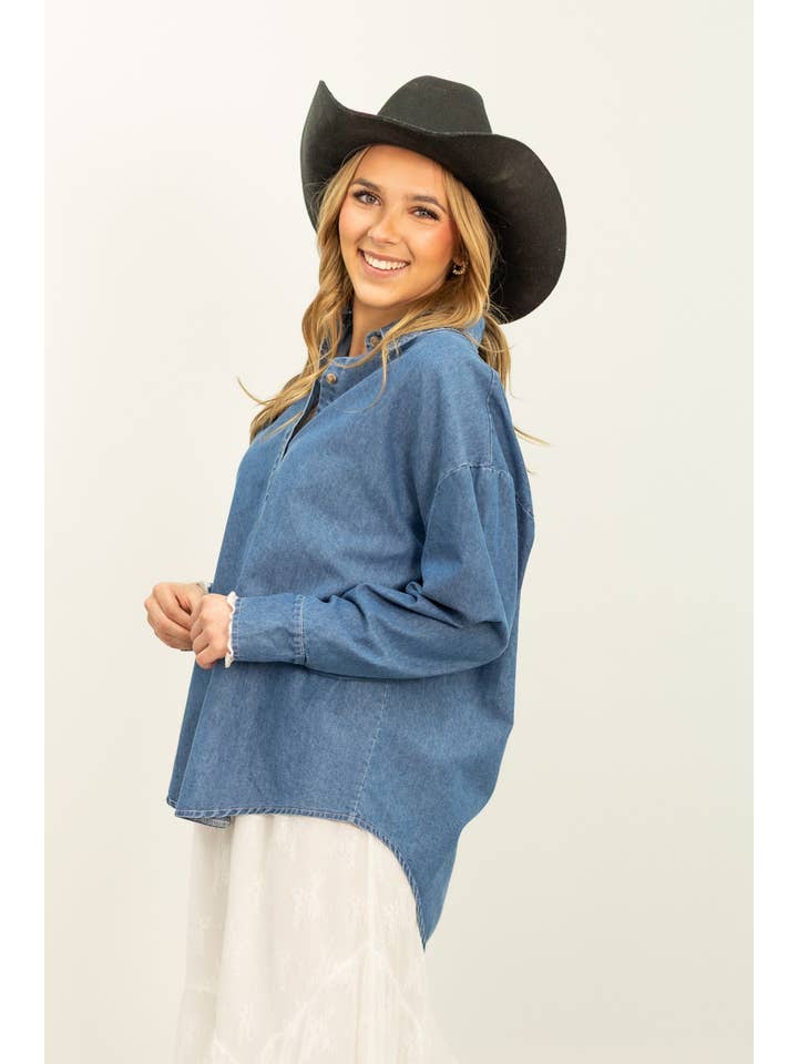 Blue Kathryn Classic Button-Up, Chambray for wholesale on Faire4