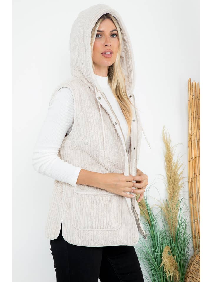 Lt Tan Textured Faux Fur Quilted Line Hoodie Vest for wholesale on Faire