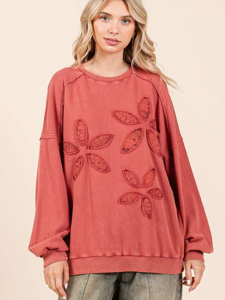 mittoshop - Wholesale Sweatshirt - Women's - VINTAGE TEXTILE FLOWER PATCH MINERAL WASH PULLOVER