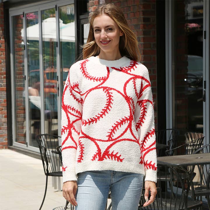 Baseball Jacquard Cozy Crew Neck Sweater for wholesale on Faire6