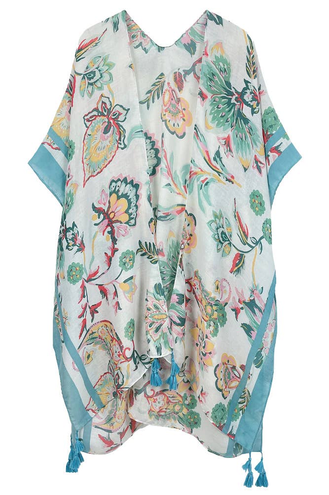 Hana - Wholesale Kimono - Women's - Floral Print Stripe Edge Tassel Summer Kimono3