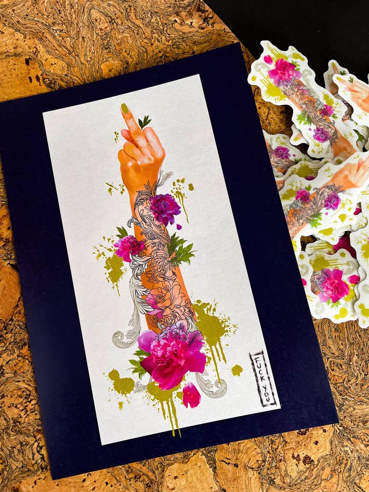 Japanese Style Tattooed Hand Middle Finger A5 print for wholesale by Beautifully Rude