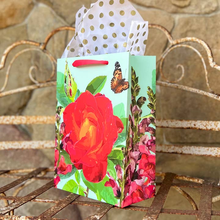 The Red Barn Press - Wholesale Gift Bag - LARGE Floral Gift Bag | Red Rose, Snap Dragon and Butterfly1