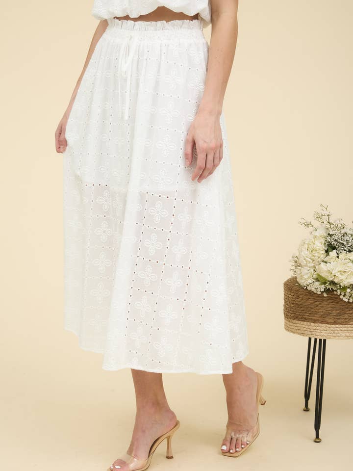 WHITE EYELET RUFFLE DETAIL MIDI SKIRT for wholesale on Faire