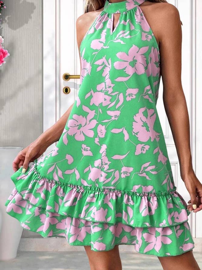 Vert Robe florale sans manches à dos nu verte printemps-été ZK1110 en vente sur Faire1