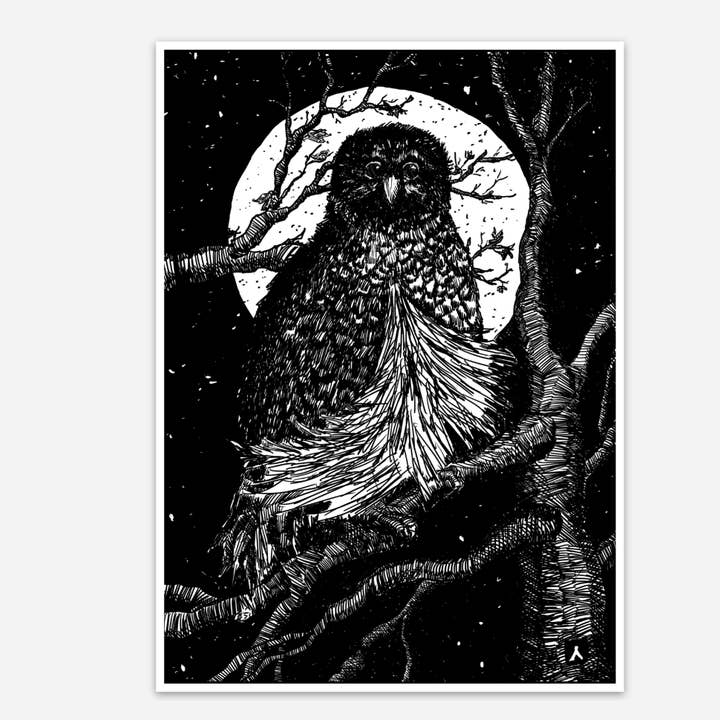 Uil op een tak in het maanlicht van middernacht vinylsticker voor wholesale door Bellavance Ink