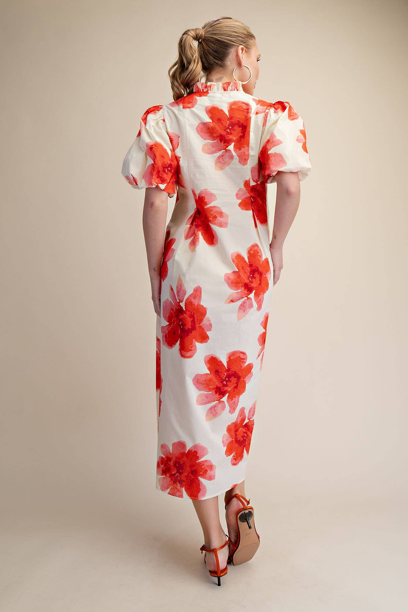 Glam - Wholesale Dress - Women's - Ruffle V-Neck Puff Sleeve Waist Pleated Midi Dress9