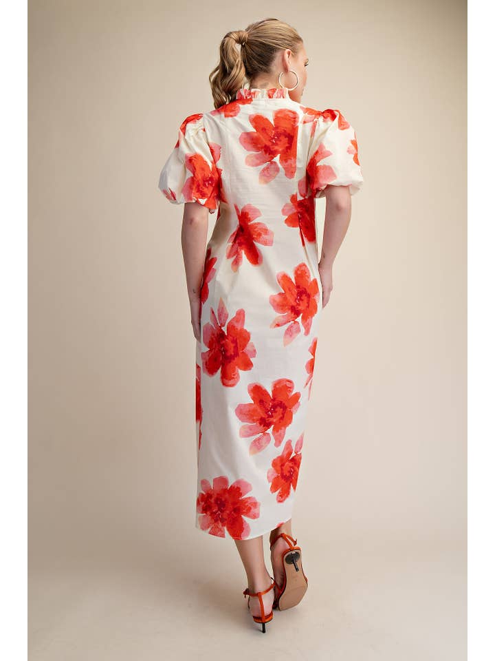 Glam - Wholesale Dress - Women's - Ruffle V-Neck Puff Sleeve Waist Pleated Midi Dress9