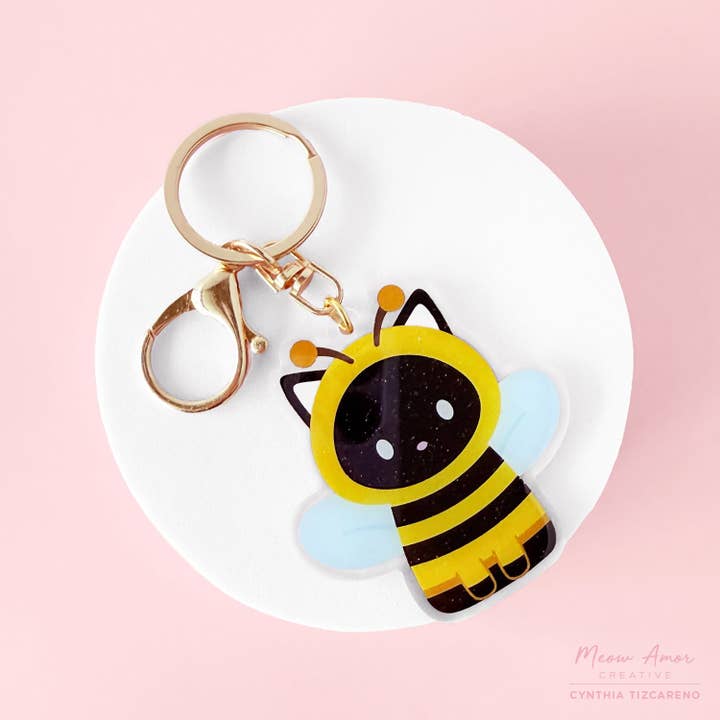 Bee Cat Glitter Acrylic Charm for wholesale by Meow Amor Creative