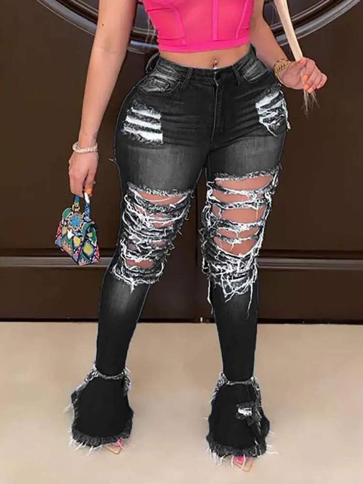 Flarix - Wholesale Jeans - Women's - ripped bell bottom fringe hem denim pants5