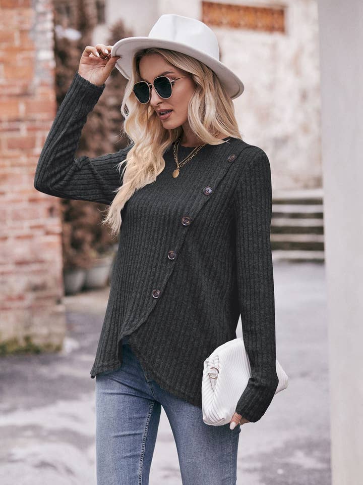 Lovesoft - Wholesale Knit Top - Women's - Round Neck Pit Strip Polished Tulip Hem Solid Color Button T-shirt9