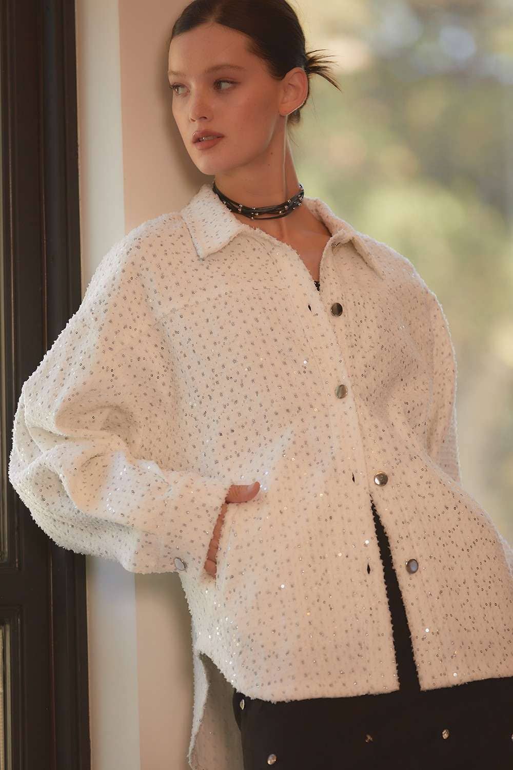 WHITE Sequin Glitter Oversize Denim Shacket for wholesale on Faire3