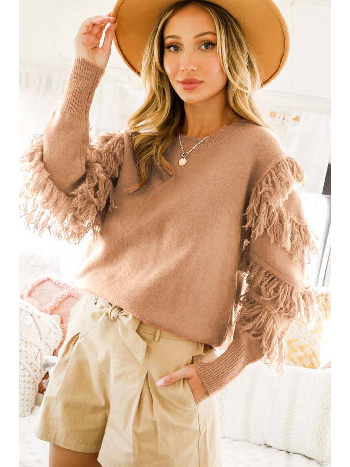 Vine & Love - Wholesale Knit Sweater - Women's - Tied String Tassel Detail Round Neck Knitted Sweater VT60383