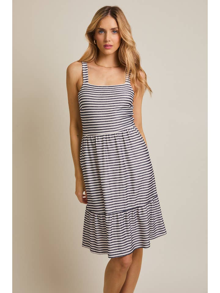 STRAP SIDE POCKET TIREDED STRIPE DRESS for wholesale on Faire