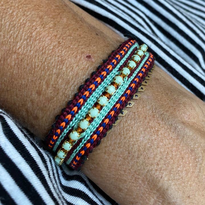 Tezeè - Wholesale Beaded Bracelet - Ikat fabric bracelet with rhinestones