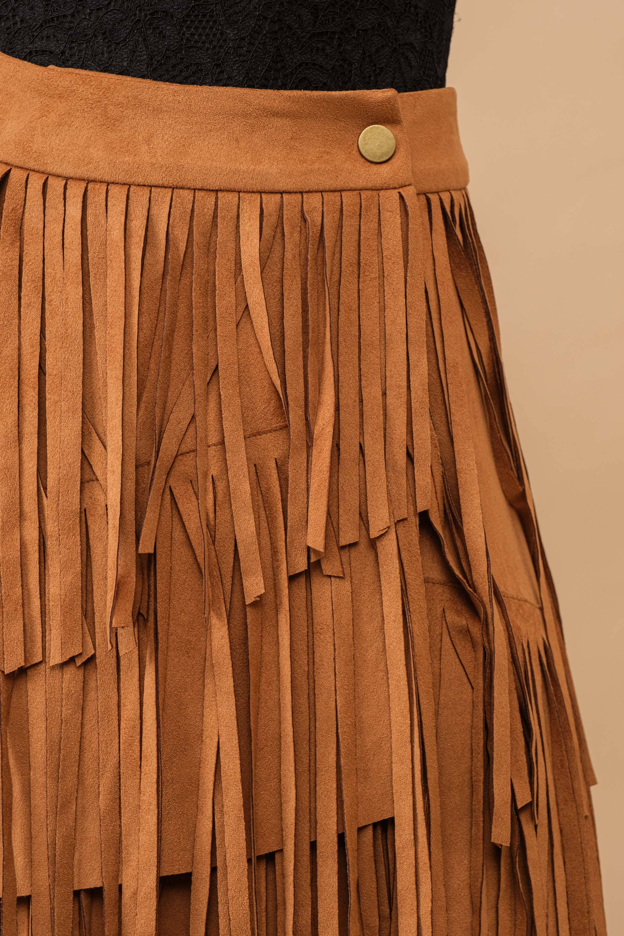 TAN 12135S-N - Faux Suede Wrap Snap Closure Fringe Western Skirt for wholesale on Faire3