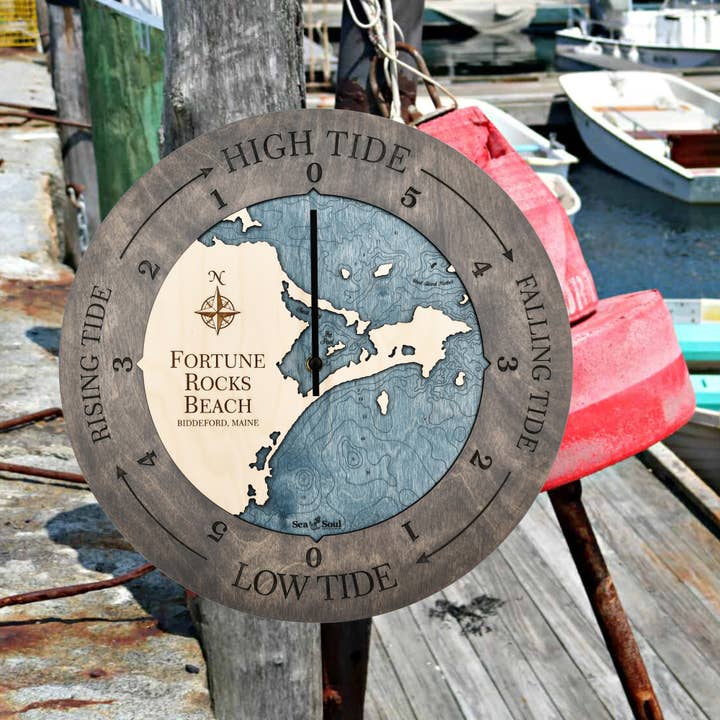 Fortune Rocks Beach Tide Clock Nautical Wood Map - 2 Sizes for wholesale by Sea & Soul Nautical Chart Art