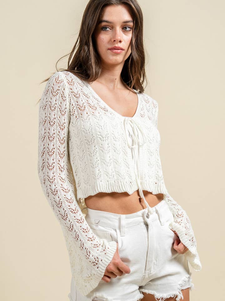 BT3323C / CROCHET OPEN KNIT POINTELLE CROP CARDIGAN for wholesale by PRIVY